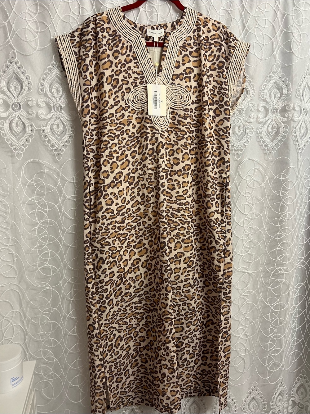 Leopard Print Lets Get Away Dress Beaded Trim - Beige/Brown